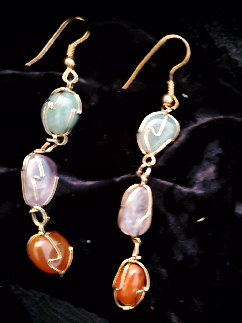 Gold Wire Drop Earrings with Green, Lavender and Orange Stones